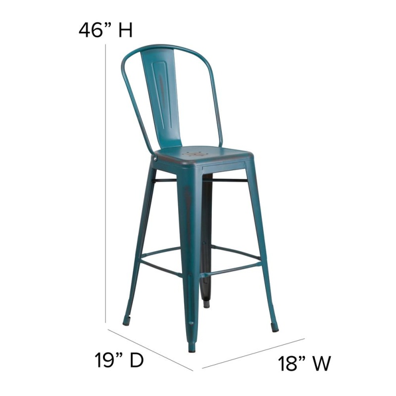 Carly Commercial Grade 30" High Kelly Blue-Teal Metal Indoor-Outdoor Barstool With Back With Black Poly Resin Wood Seat