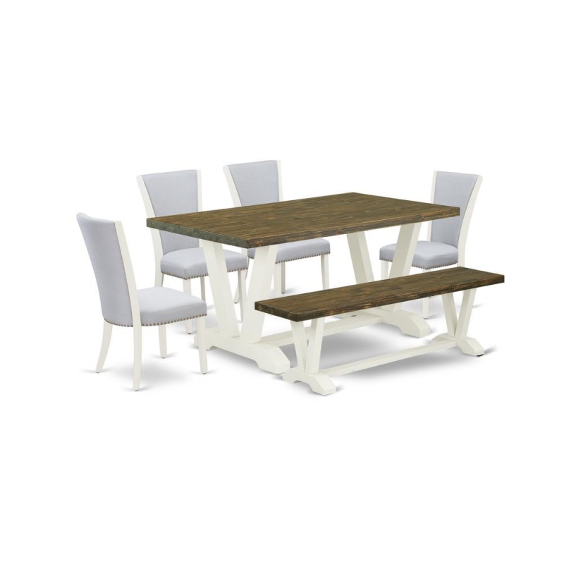 East West Furniture V076ve005-6 6 Piece Mid Century Dining Set - 4 Grey Linen Fabric Dinning Chairs With Nailheads And Distressed Jacobean Wooden Table - 1 Modern Bench - Wire Brushed Linen White Fini