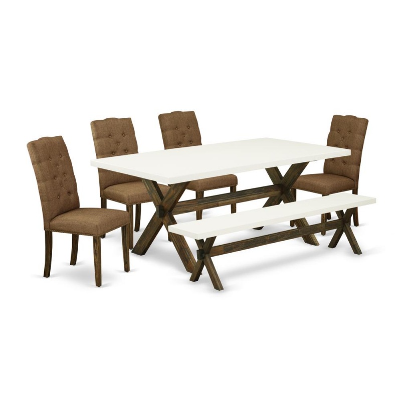 East West Furniture 6-Pc Dinette Set-Brown Beige Linen Fabric Seat And Button Tufted Chair Back Kitchen Parson Chairs, A Rectangular Bench And Rectangular Top Kitchen Table With Wood Legs - Linen Whit