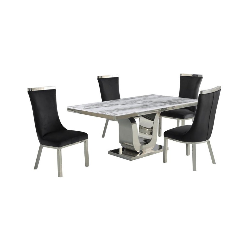 5Pc Dining Set- Rectangle Marble Table With A U Shape Base And 4 Side Chairs In Black Velvet
