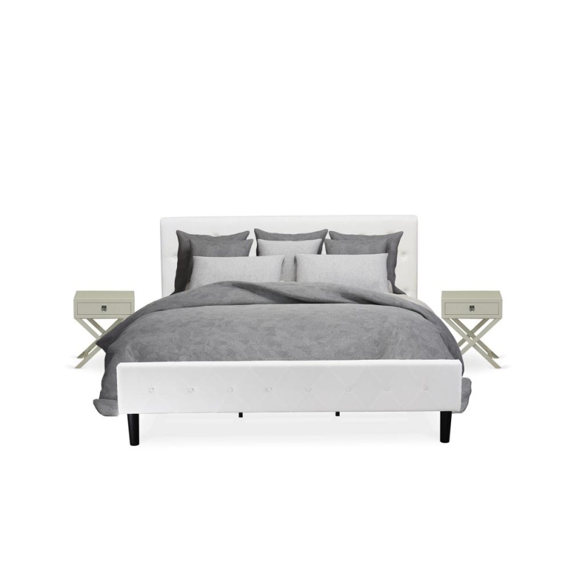 Nl19k-2Ha14 3 Piece Bedroom Set - 1 Bed Frame White Velvet Fabric Headboard And 2 Small Nightstands - Urban Gray Finish Nightstand