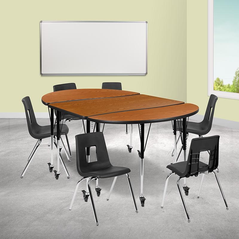 Mobile 76" Oval Wave Collaborative Laminate Activity Table Set With 18" Student Stack Chairs, Oak/Black