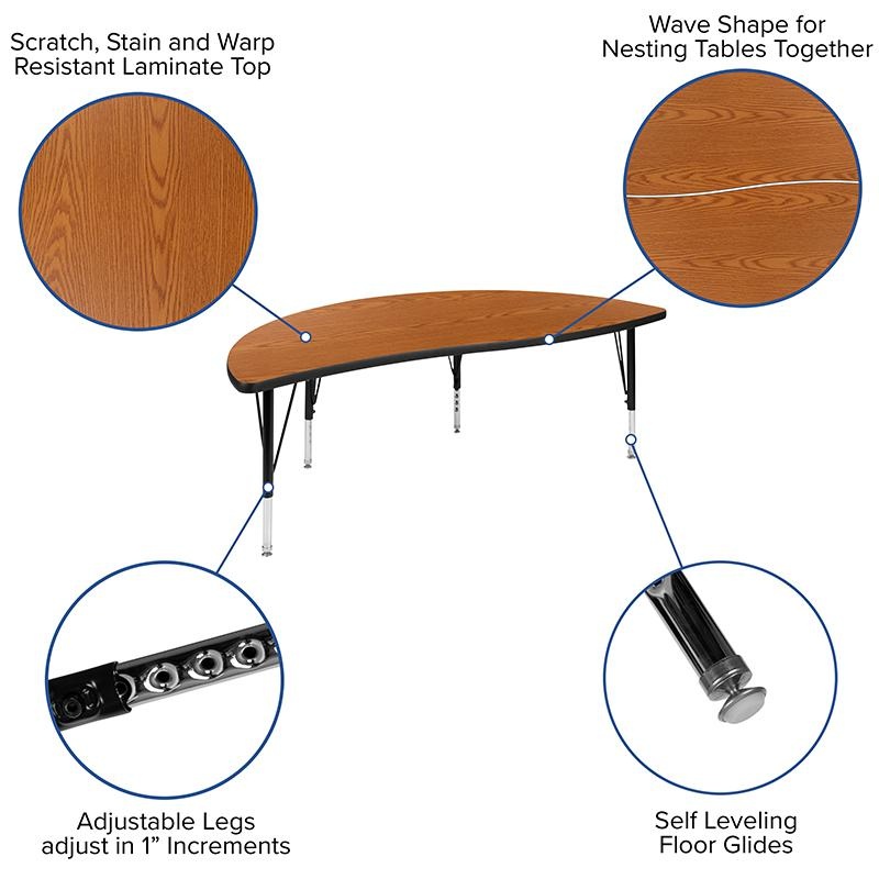 60" Half Circle Wave Collaborative Oak Thermal Laminate Activity Table - Height Adjustable Short Legs