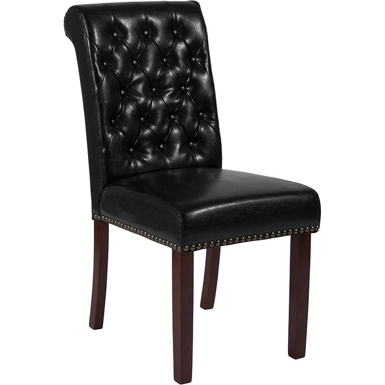 Hercules Series Black Leathersoft Parsons Chair With Rolled Back, Accent Nail Trim And Walnut Finish