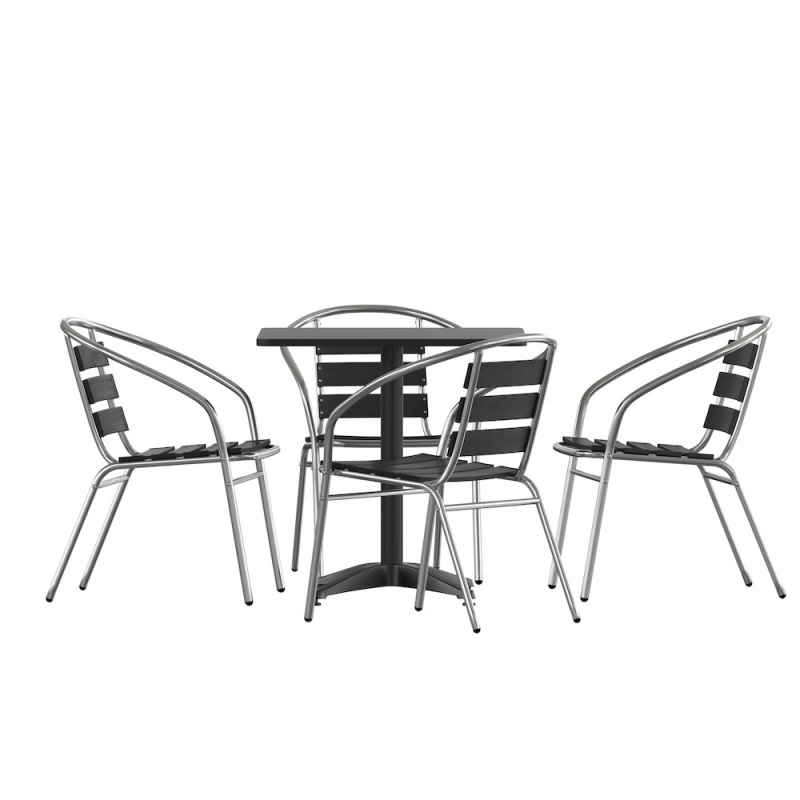 Lila 27.5'' Black Square Aluminum Table Set with 4 Black Slat Back Chairs