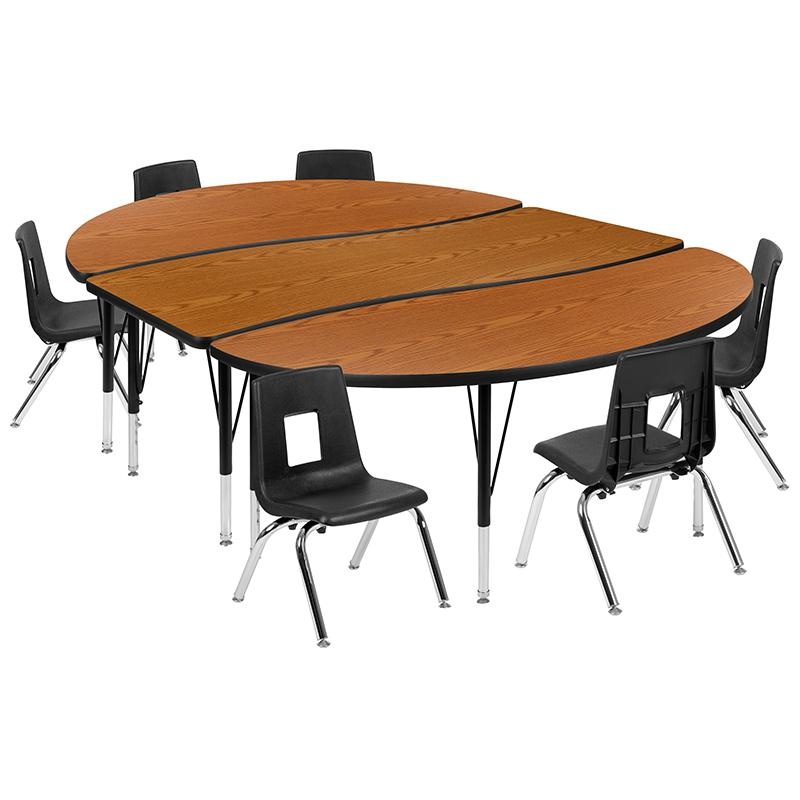 86" Oval Wave Collaborative Laminate Activity Table Set With 12" Student Stack Chairs, Oak/Black