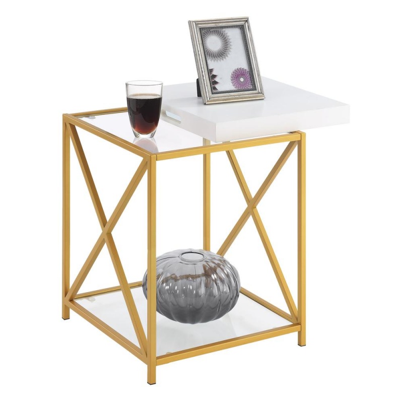 St. Andrews End Table With Shelf And Removable Trays, White/Gold