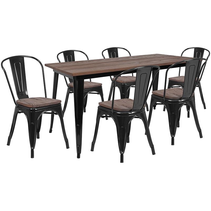 0.25" x 60" Black Metal Table Set With Wood Top and 6 Stack Chairs
