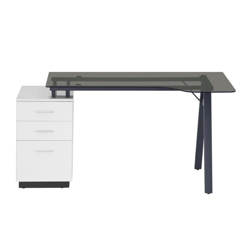 Modern Home Office Computer Desk With Smoke Tempered Glass Top & Storage - White