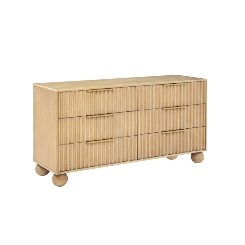 Daplen Scandinavian Modern 6-Drawer Dresser With Rounded Legs, Light Oak
