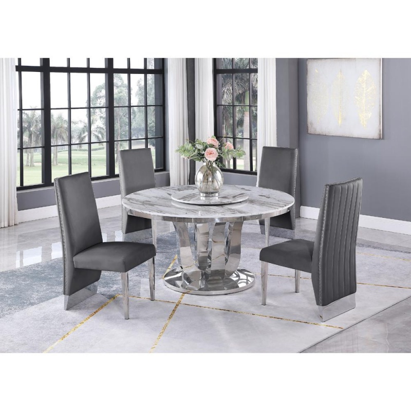 White Marble Lazy-Susan Dining Set with Pleated Chairs