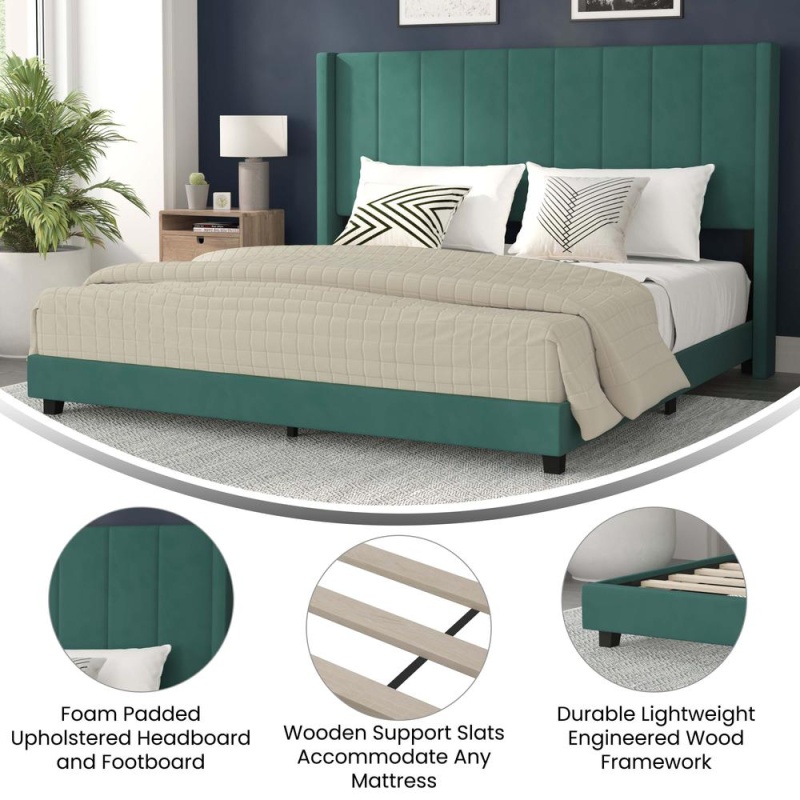 Bianca King Upholstered Platform Bed With Vertical Stitched Wingback Headboard, Slatted Mattress Foundation, No Box Spring Needed, Emerald Velvet