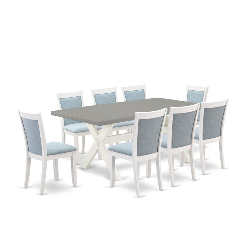 East West Furniture 9-Pc Kitchen Dining Table Set Consists Of A Rectangular Dining Table And 8 Baby Blue Linen Fabric Dining Chairs With Stylish Back - Wire Brushed Linen White Finish