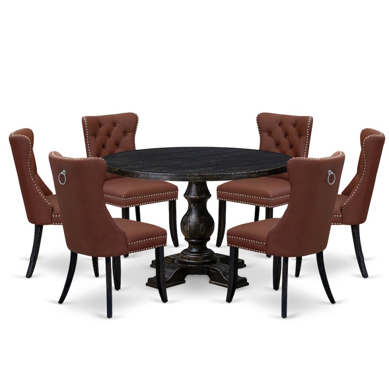 7 Piece Dining Table Set with 48" Round Table in Burgandy Color