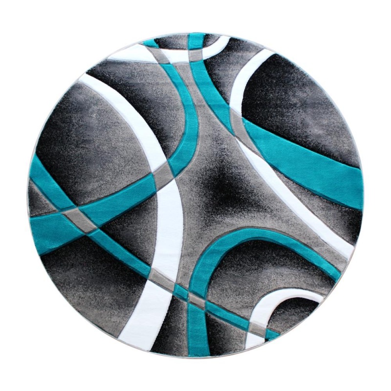 Atlan Collection 4' X 4' Turquoise Round Abstract Area Rug - Olefin Rug With Jute Backing - Entryway, Living Room Or Bedroom