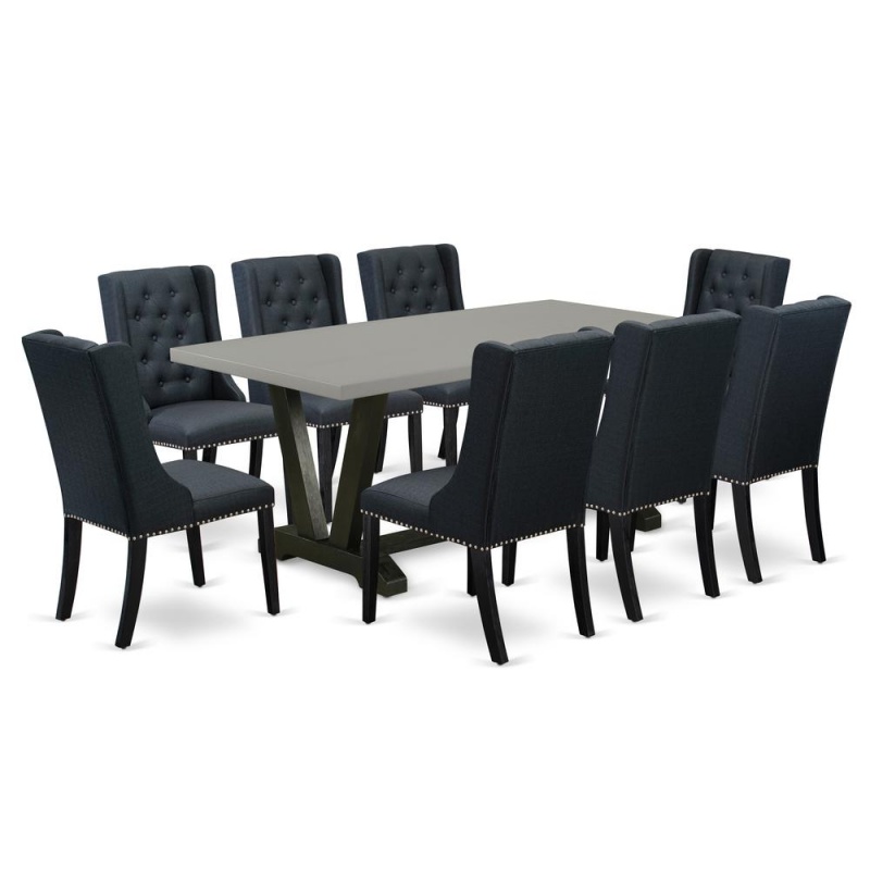 East West Furniture V697fo624-9 9 Pc Dining Room Set - 8 Black Linen Fabric Dining Chairs Button Tufted With Nail Heads And Cement Dining Room Table - Wire Brush Black Finish