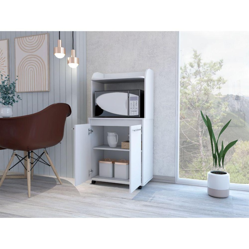 Depot E-Shop Lucca Kitchen Cart, Countertop, Two-Door Cabinet, One Open Shelf, Two Internal Shelves-White, For Kitchen
