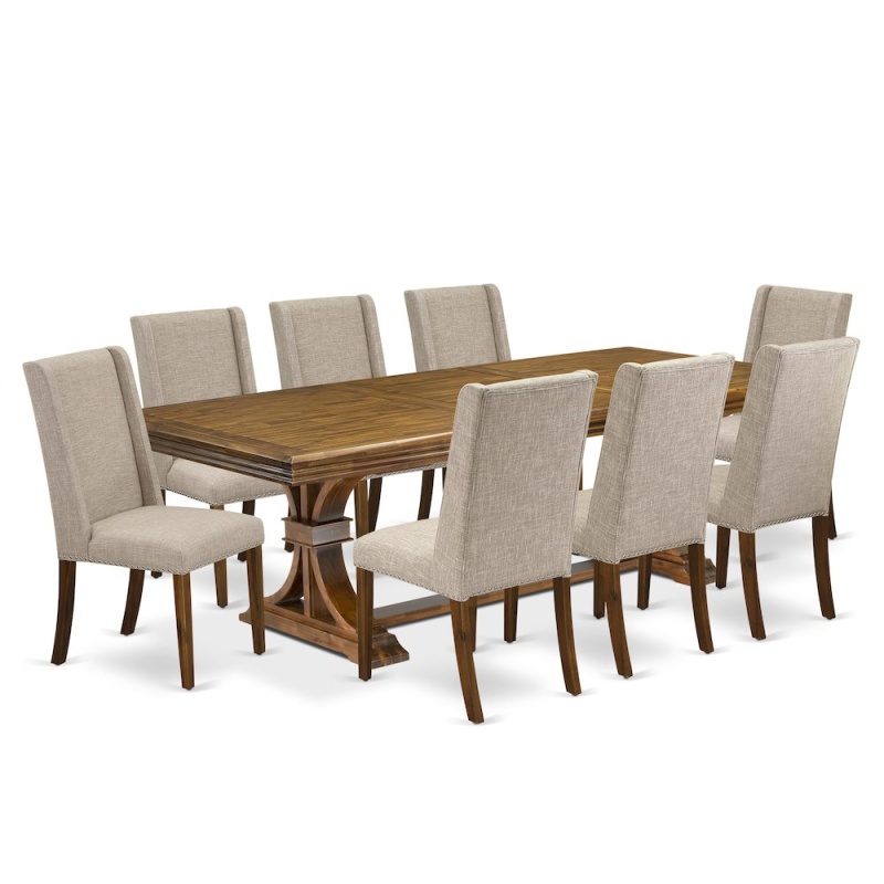 9 Piece Kitchen Set Of A Dinner Table And 8 Linen Fabric Parson Chairs