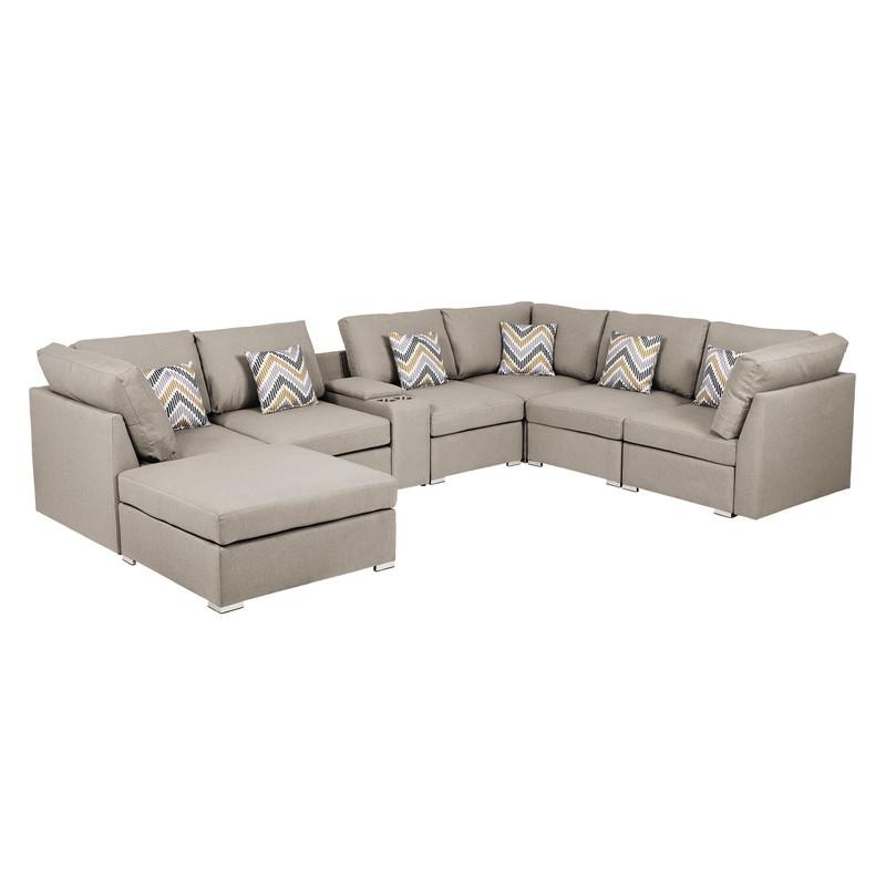 Amira Beige Fabric Reversible Modular Sectional Sofa W/ Usb Console And Ottoman