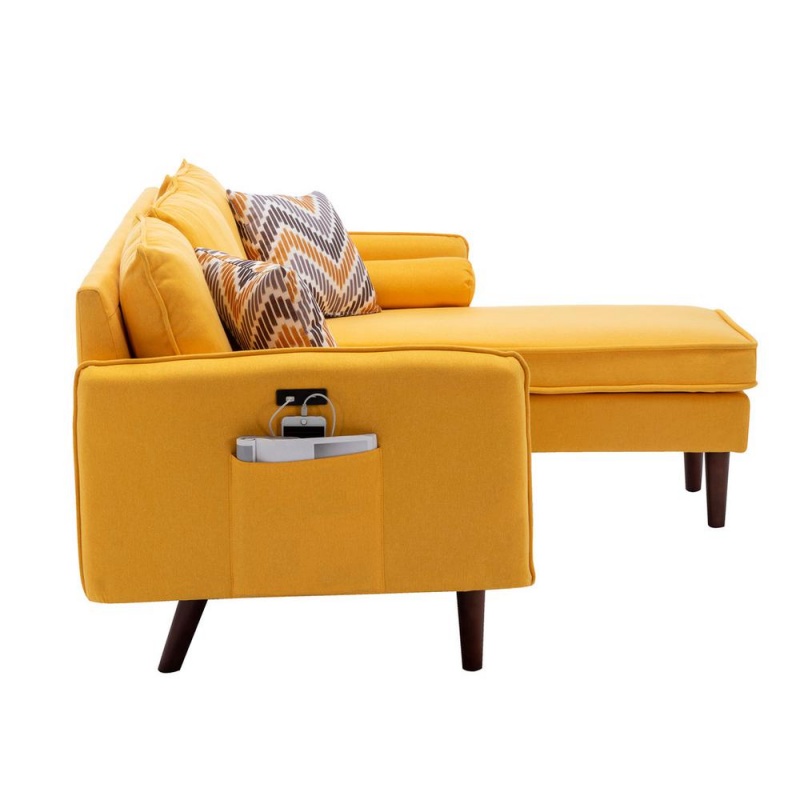 Mia Yellow Sectional Sofa Chaise With Usb Charger & Pillows