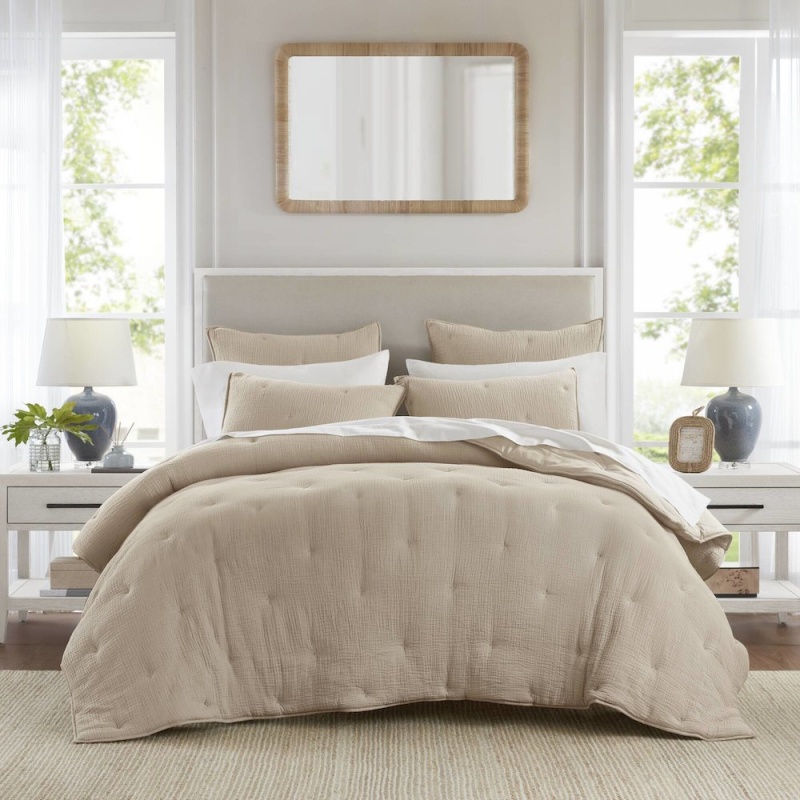 Breeze Cotton Gauze Embroidered Quilt Set, Taupe Color