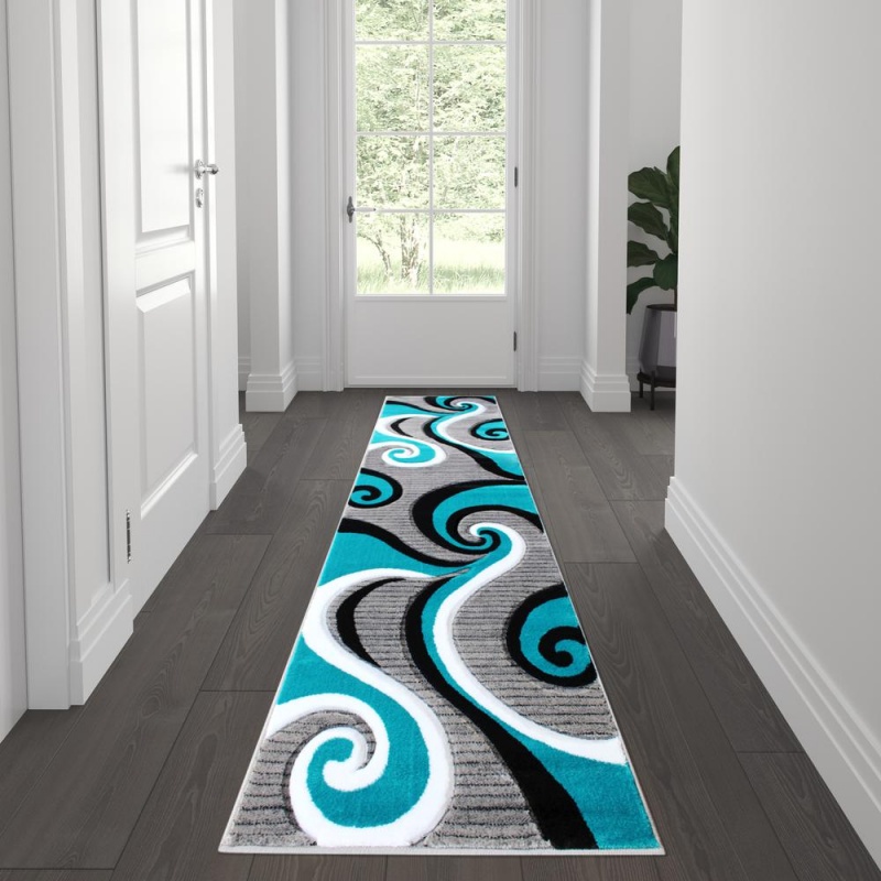 Athos Collection 2' X 7' Turquoise Abstract Area Rug - Olefin Rug With Jute Backing - Hallway, Entryway, Or Bedroom