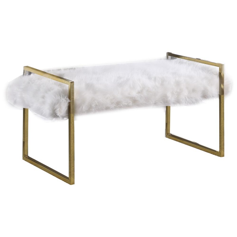 Jamie White Faux Fur Accent Bench With Gold Frame