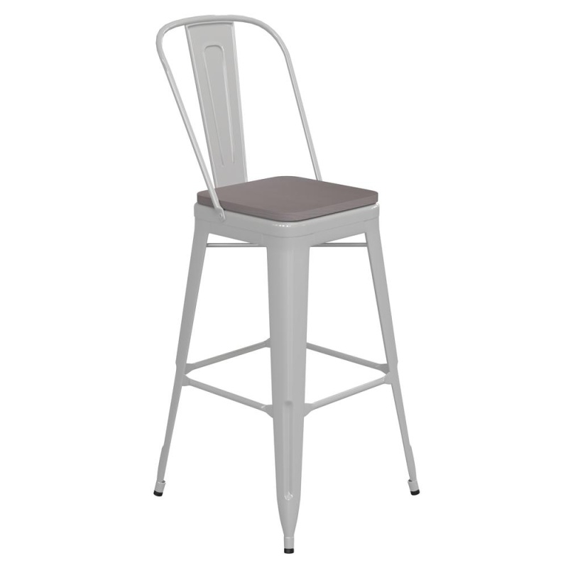 30" High White Metal Bar Height Stool With Gray All-Weather Poly Resin Seat