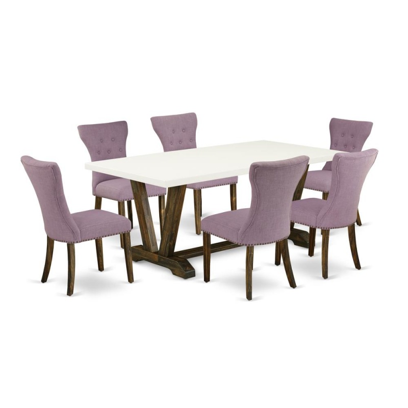 East West Furniture V727ga740-7 7-Pc Dining Table Set- 6 Parson Dining Chairs With Dahlia Linen Fabric Seat And Button Tufted Chair Back - Rectangular Table Top & Wooden Legs - Linen White And Distres