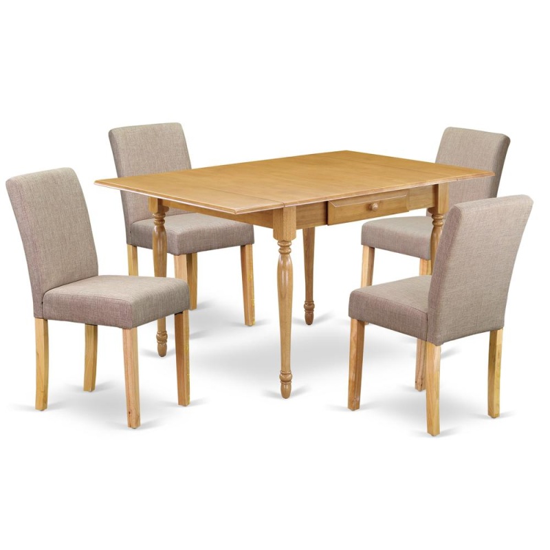 1Mzab5-Oak-04 5Pc Kitchen Table Sets Contains A Dining Room Table And 4 Parson Chairs With Light Fawn Color Linen Fabric, Drop Leaf Table With Full Back Chairs, Oak Finish