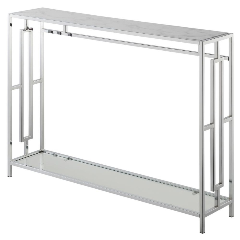 Town Square Chrome Console Table, Faux White Marble/Chrome Frame