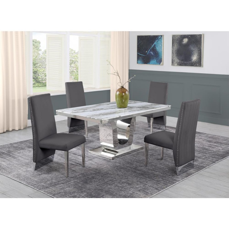 White Marble 5Pc Set Pleated Chairs in Dark Grey Velvet