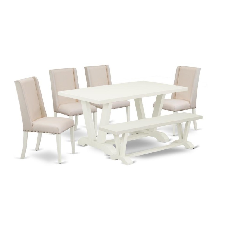 East West Furniture 6-Piece Dinette Set-Cream Color Linen Fabric Seat And High Stylish Chair Back Kitchen Chairs, A Rectangular Bench And Rectangular Top Kitchen Table With Solid Wood Legs - Linen Whi