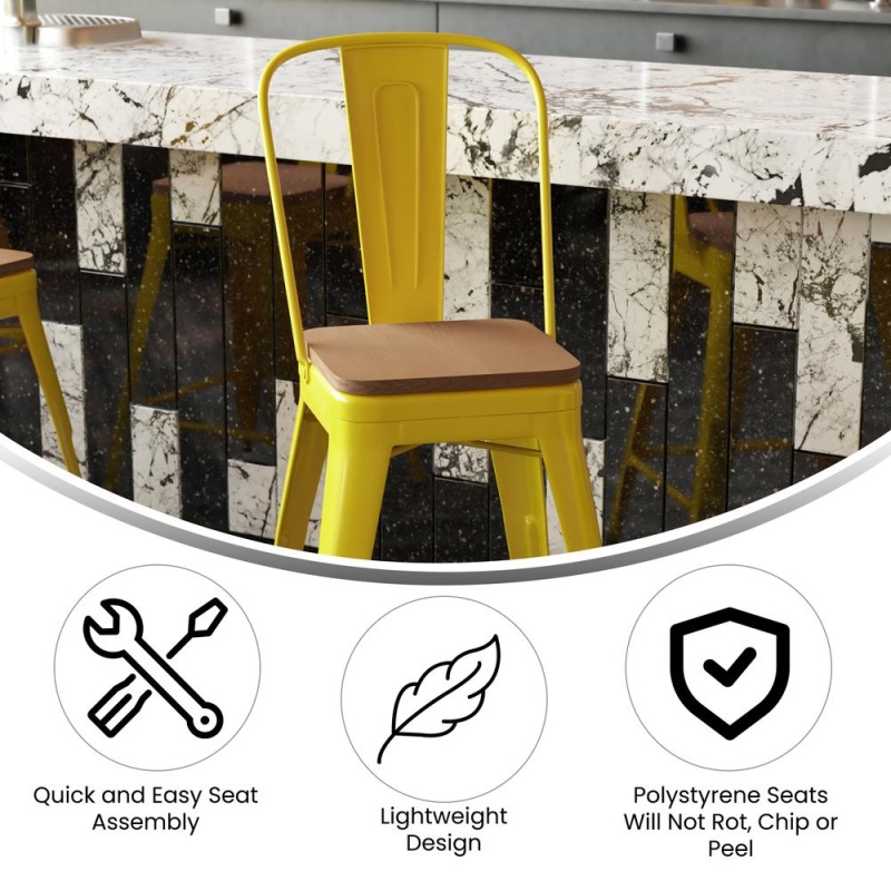 Kai Commercial Grade 24" High Yellow Metal Indoor-Outdoor Counter Height Stool With Removable Back And Square Teak All-Weather Poly Resin Seat