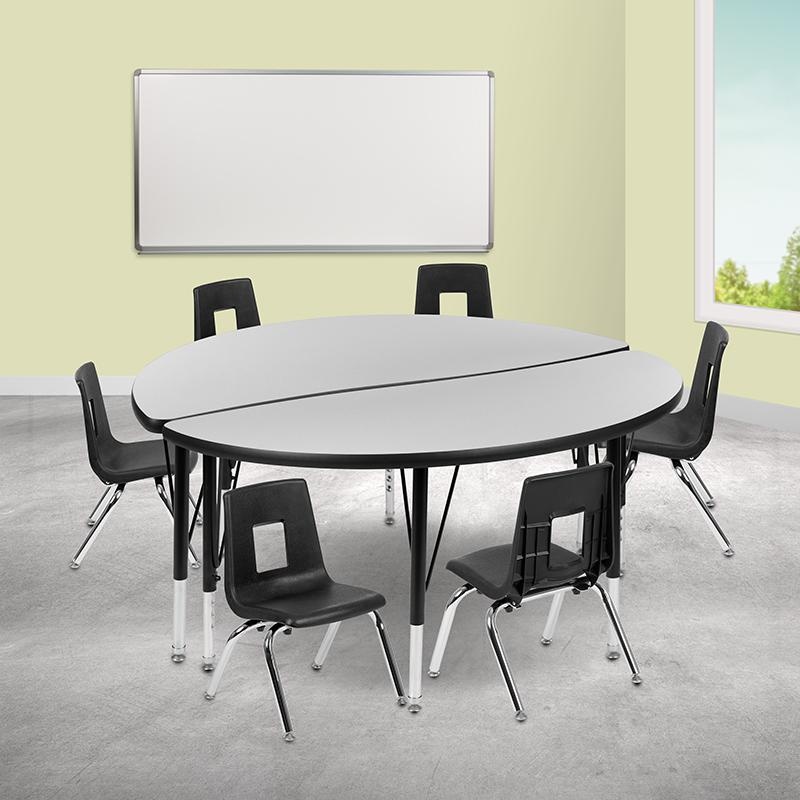 47.5" Circle Wave Collaborative Laminate Activity Table Set With 14" Student Stack Chairs, Grey/Black
