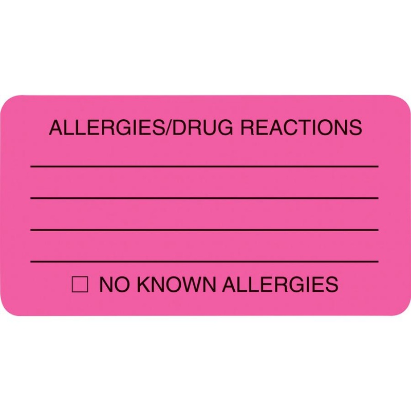 Tabbies Allery/Drug Reactions Alert Labels - 3 1/4" Width X 1 3/4" Length - Pink - 250 / Roll
