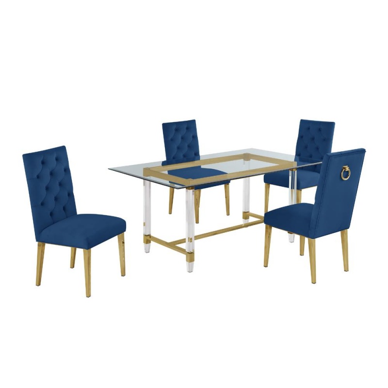 Acrylic Glass 5Pc Gold Set Tufted Ring Chairs In Navy Blue Velvet