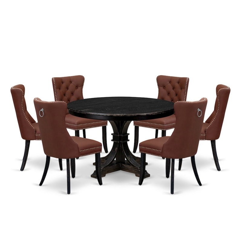 7 Piece Dining Table Set with 48" Round Table in Burgandy Color