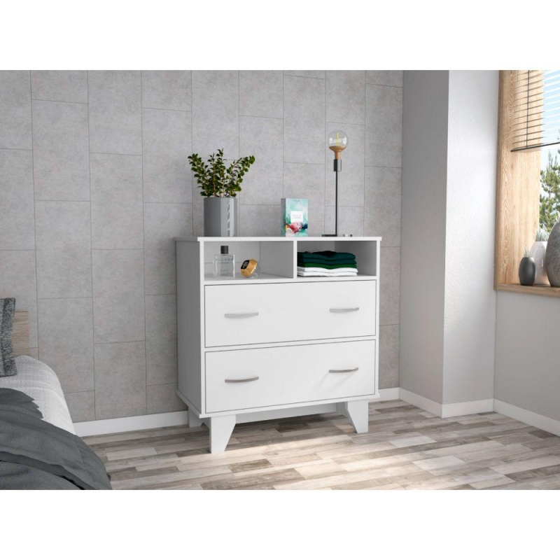Depot E-Shop Stamford Two Drawer Dresser, Four Legs, Two Open Shelves, Countertop-White, For Living Room