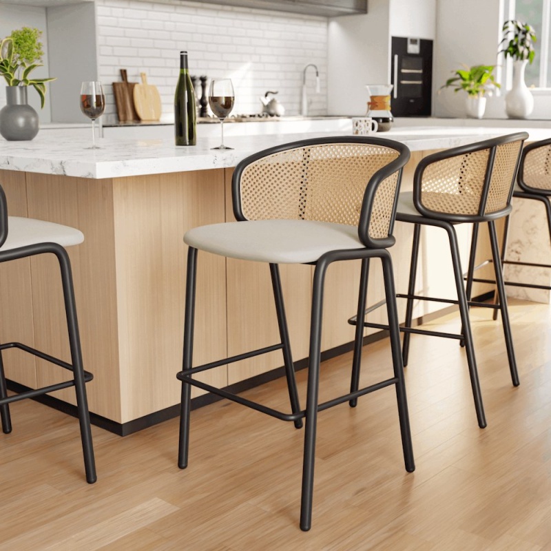 Ervilla Mid-Century Modern Wicker Bar Stool In Beige