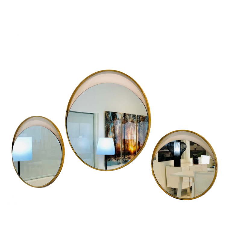 Ariel Small Round Mirror In Matte Black.Polished Gold Stainless Steel Frame