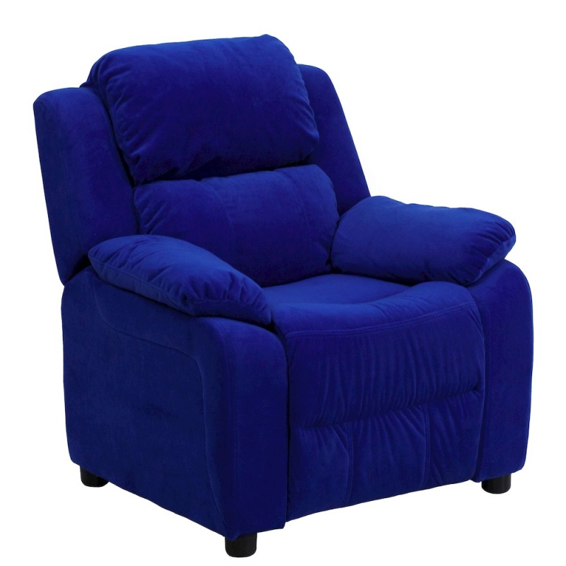 Deluxe Padded Contemporary Blue Microfiber Kids Recliner With Storage Arms