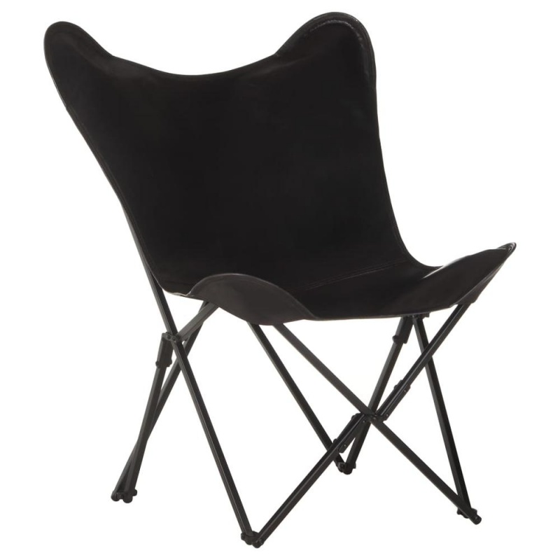 Vidaxl Foldable Butterfly Chair Black Real Leather 3731