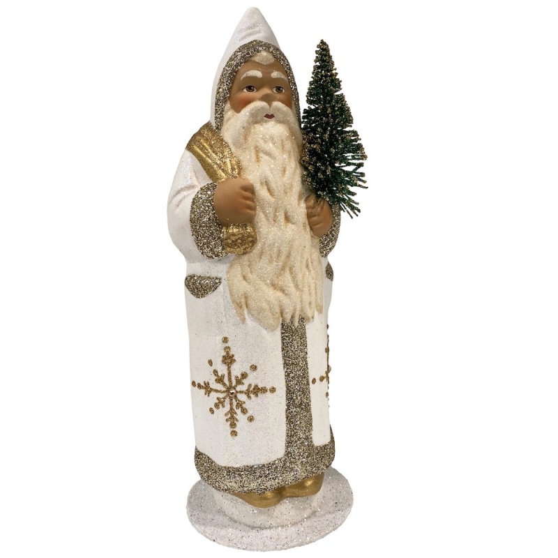 Paper Mache Candy Container - Santa In White With Gold Flakes And Cyrstals