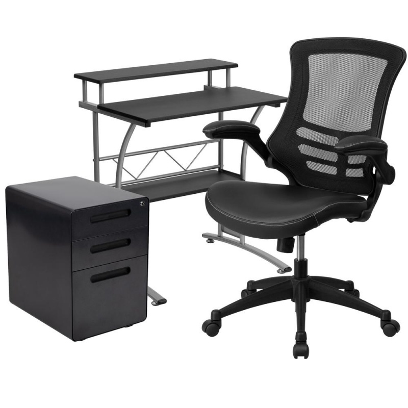 Work From Home Kit - Black Computer Desk, Ergonomic Mesh/Leathersoft Office Chair And Locking Mobile Filing Cabinet