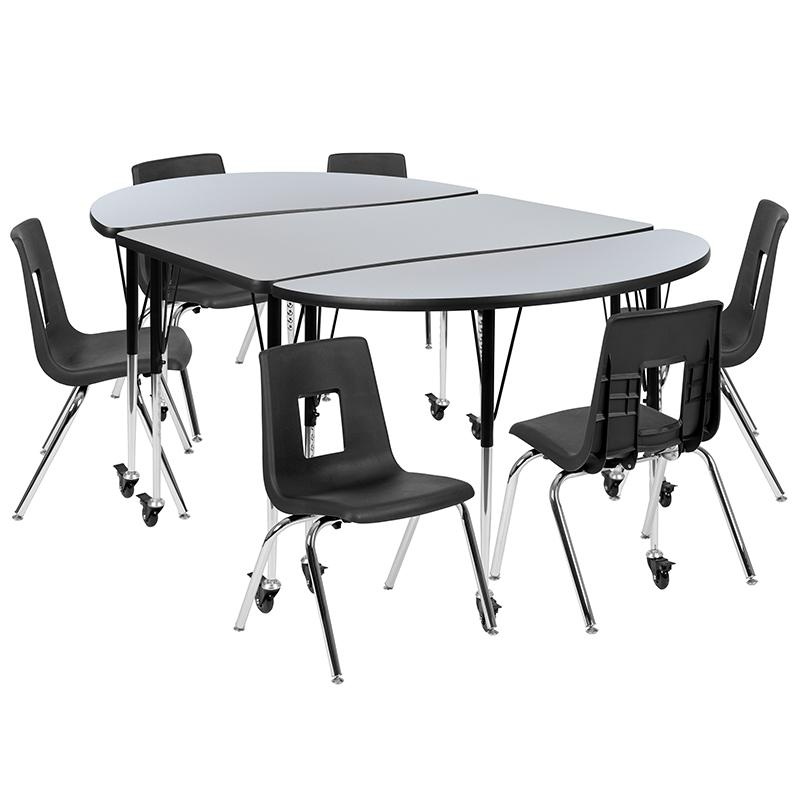 Mobile 76" Wave Activity Table Set With 16" Student Stack Chairs, Grey/Black