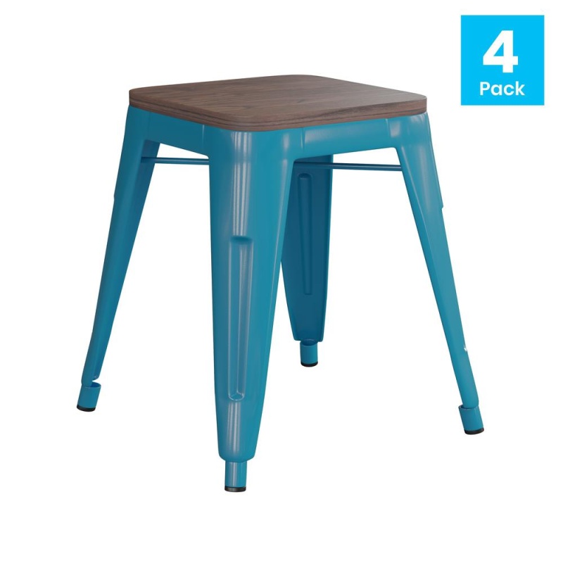 18" Backless Table Height Stool With Wooden Seat, Stackable Teal Metal Indoor Dining Stool, Commercial Grade - Set Of 4