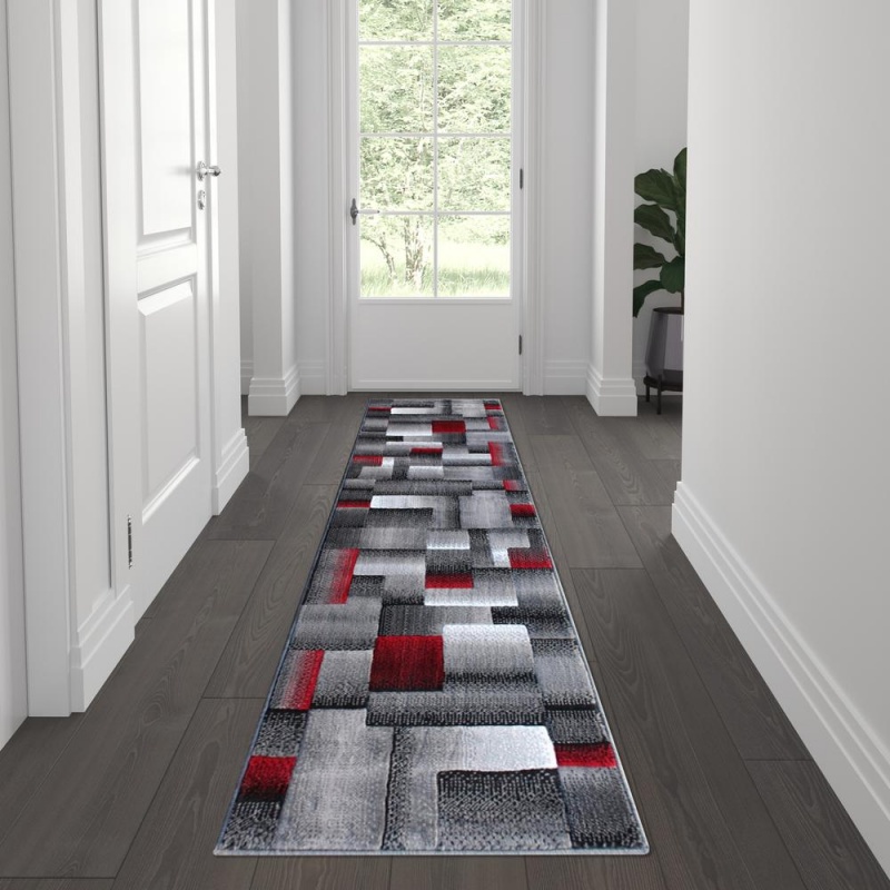 Elio Collection 2' X 7' Red Color Blocked Area Rug - Olefin Rug With Jute Backing - Entryway, Living Room, Or Bedroom