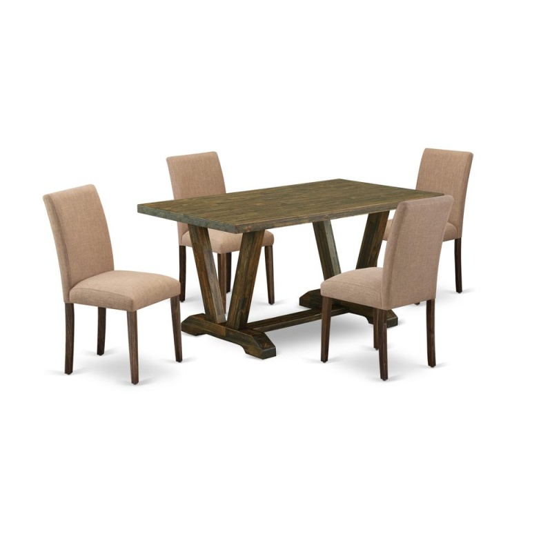 East West Furniture 5-Piece Modern Dining Table Set-A Mid Century Dining Table And 4Linen Fabricmodern Chairs With High Back - Distressed Jacobean Finish