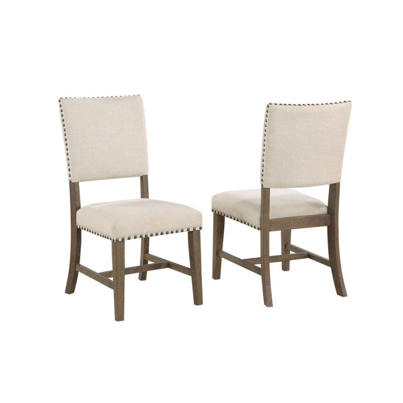 Upholstered Dining Chiar In Brown Oak And Beige Linen (Set Of 2)